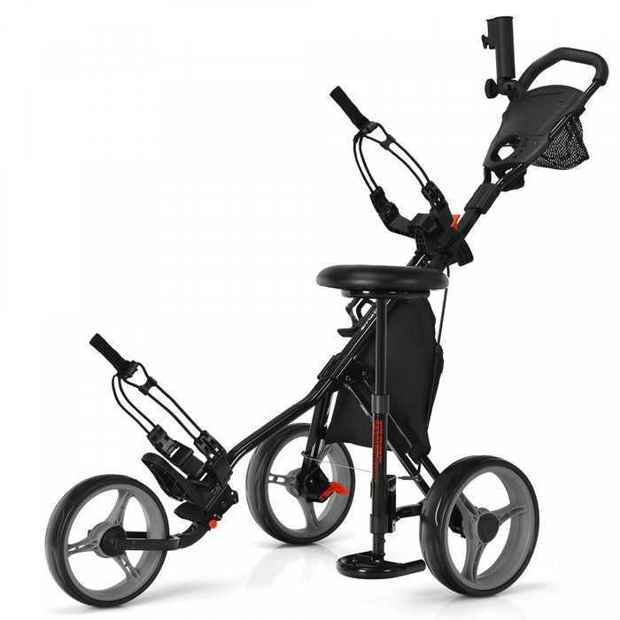 Goplus Folding 3 Wheels Golf Push Cart W/seat Scoreboard Adjustable Handle Grey