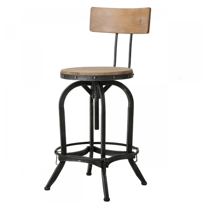 Milo Barstool With Adjustable Height, Fir Wood Seat, Metal Frame - Natural 