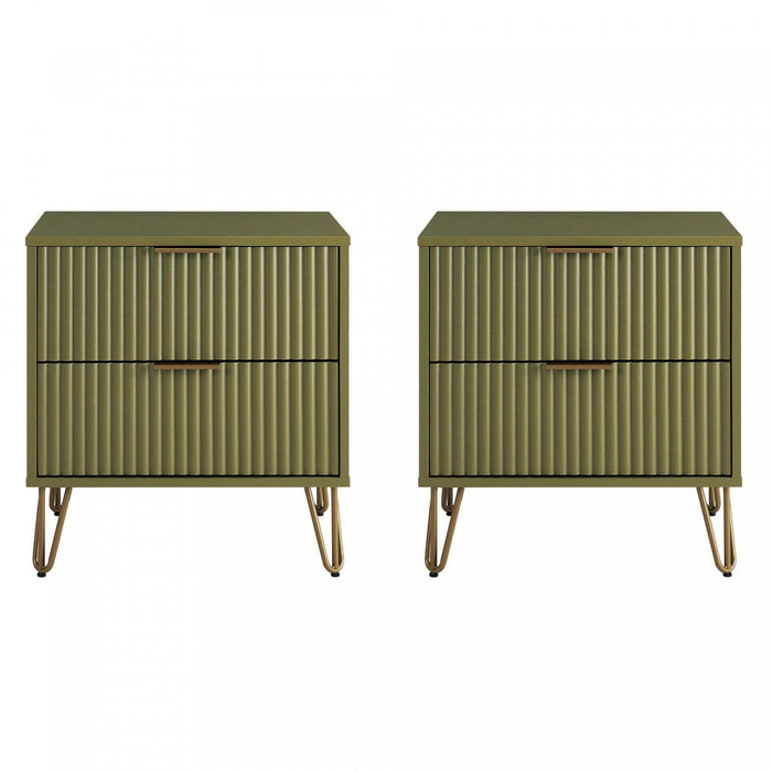 Dumbo Modern 20\" Fluted Nightstand in Olive Green (2-Drawer) - Set of 2 