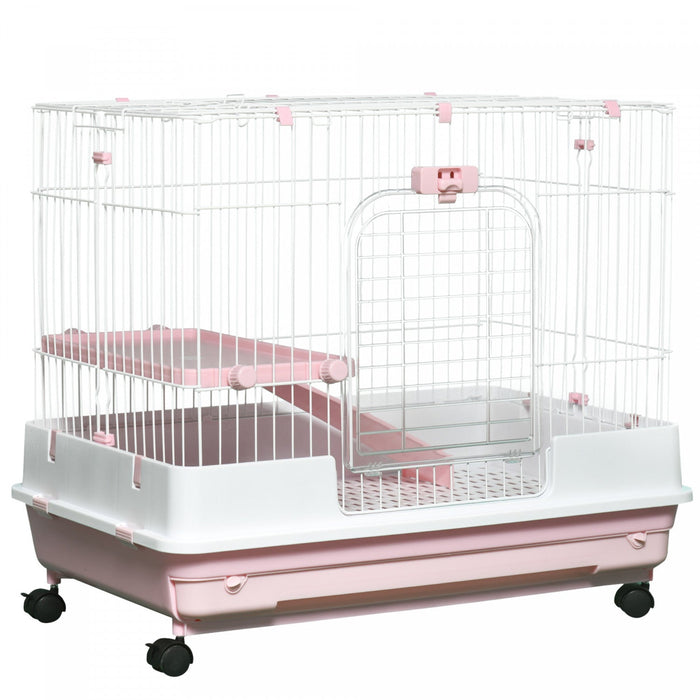 Pawhut 27\"h 2-level Small Animal Cage Rabbit Hutch With Universal Lockable Wheels, Slide-out Tray Fo