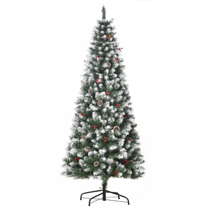Homcom Flocked Pencil Christmas Tree With Red Berries, Pine Cones, Green