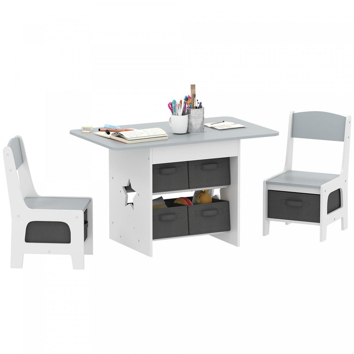 Qaba 3 Piece Kids Table and Chair Set, Toddler Table and Chairs Set with 6 Removable Drawers, for Ages 3-8, for Classroom, Living Room, Bedroom, Nursery, Playroom, Light Grey