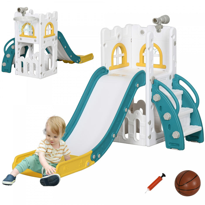 Qaba Toddler Slide, 4 In 1 Slide For Kids Aged 1-3 Years With Basketball Hoop, Climber, Telescope, S