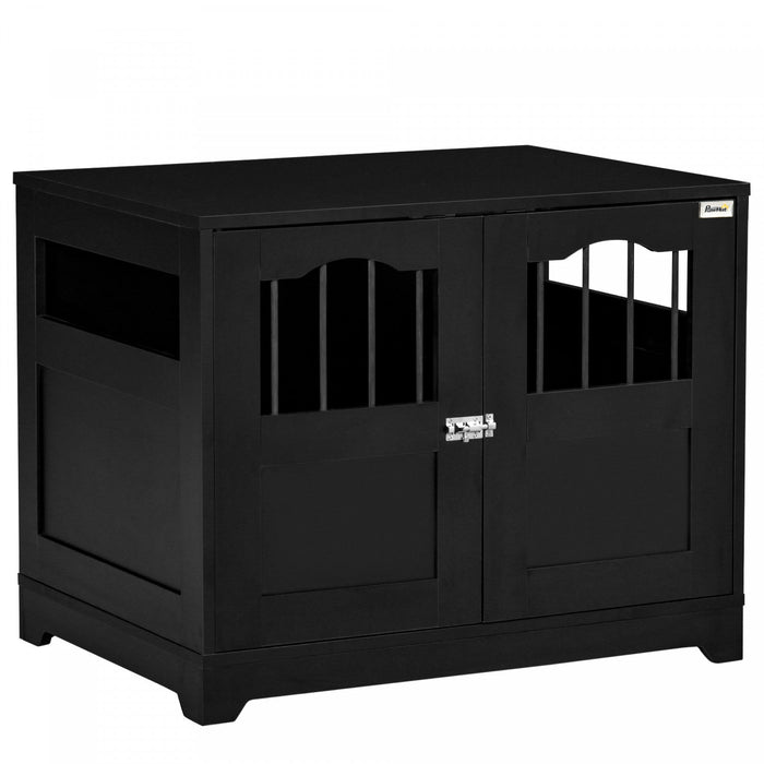Pawhut 29.5\" Wooden Dog Cage With Windows, End Table Furniture Style, Modern Pet Kennel With Lockabl