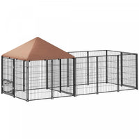 Pawhut Outdoor Dog Kennel, Dog Run Outdoor With Rotating And Adjustable Height Bowls, Waterproof Uv-resistant Cover, Secure Lock, 11.3' X 4.7' X 5.1'
