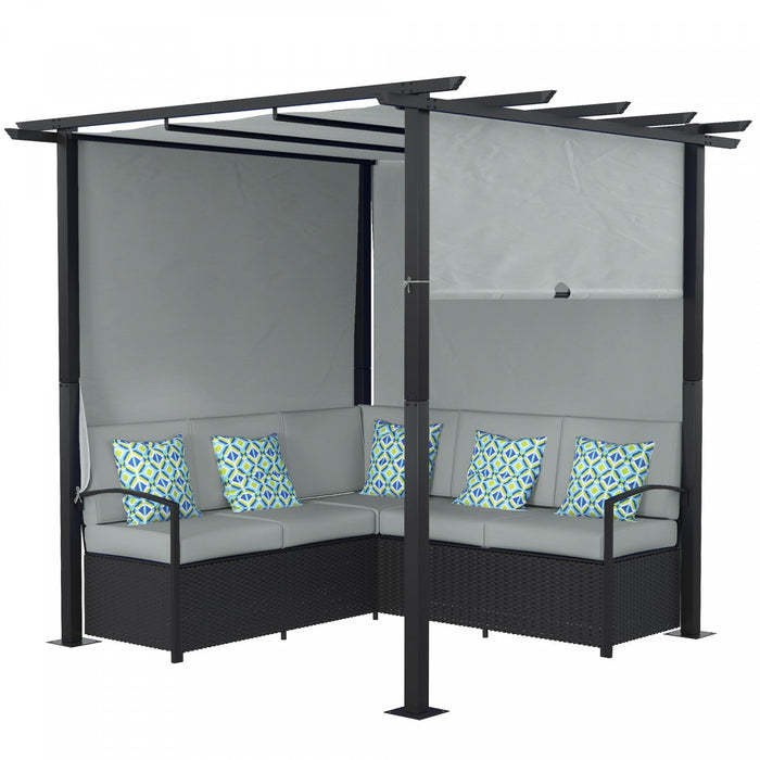 Outsunny Patio Furniture W/ Retractable Canopy Pergola Sofa Set, Grey