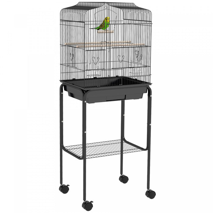 Pawhut 49" Bird Cage For Finches, Canaries, Budgies, Parrot Cage With Accessories, Wheels, Detachable Stand, Storage, Black