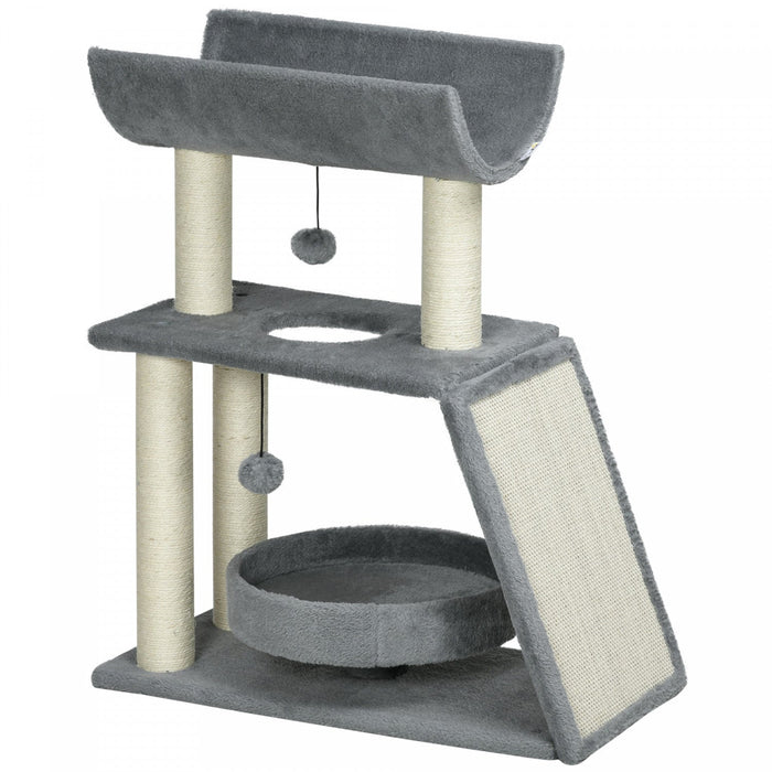 Pawhut Cat Tree, Small Cat Tower With Perch, Sisal Scratching Posts, Scratch Pad, Bed, Hanging Balls