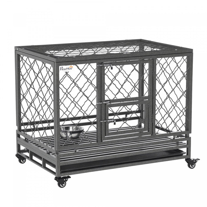 Pawhut Heavy Duty Dog Crate, Metal Dog Kennel Cage With Wheels, Openable Top, Removable Tray, Stainless Steel Bowl, For Small, Medium, Large Dogs, 36.4" X 24.4" X 31.1"