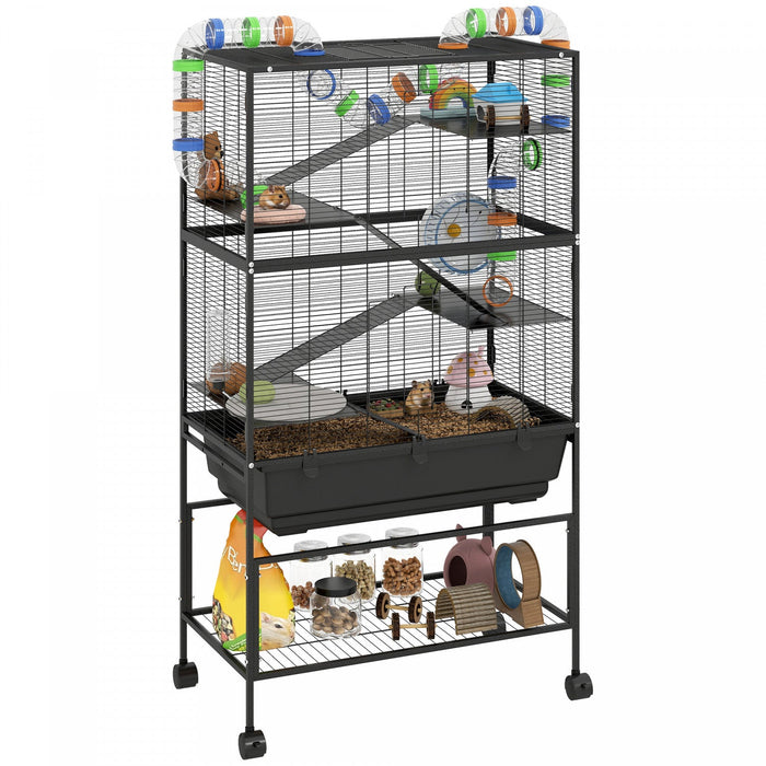 Pawhut Large Hamster Cage With 7" Deep Tray, 5 Tier Rolling Gerbil Cage With Storage Shelf, Big Exercise Wheel, Tube System, Hut, Platforms, Ramps, For Syrian, Gerbil, Rat
