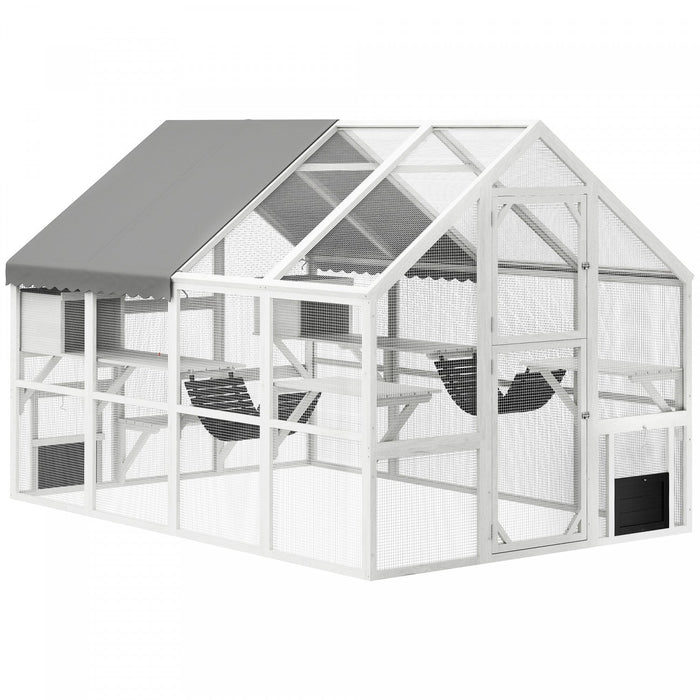 PawHut Extra Large Catio Outdoor Cat Enclosure, 110"L Wooden Feral House with Weatherproof Canopy, Bridges, Resting Boxes, Platforms, Walk in Cat Cage for 3–6 Cats, White