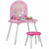 Qaba Kids Vanity Set with Mirror and Stool, Girls Dressing Table, Toddler Makeup Vanity Table with Heart Pattern for Bedroom, Nursery, for Ages 3-6, Pink