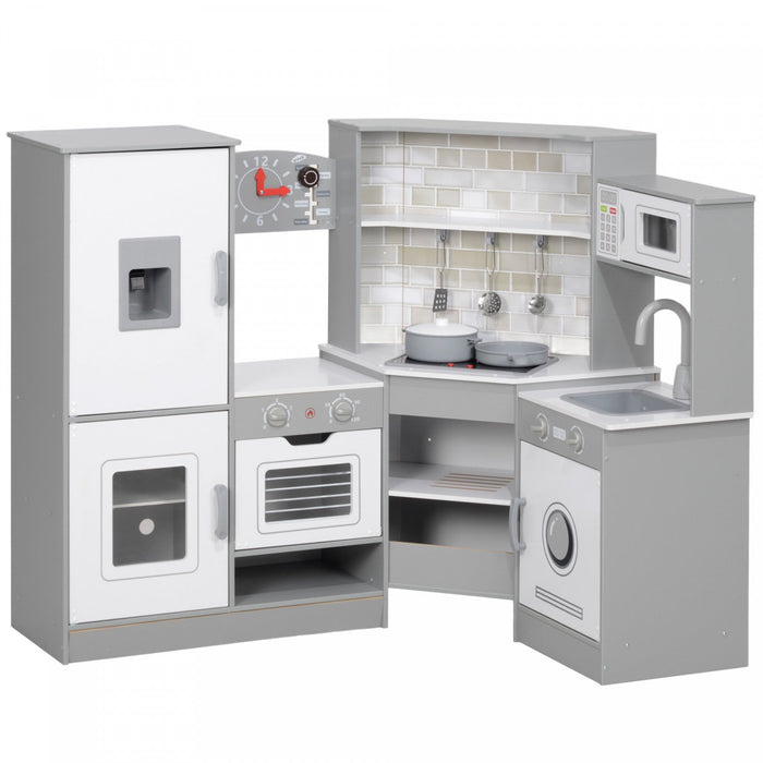 Qaba Corner Play Kitchen, Kids Kitchen Playset, Pretend Play Kitchen Set With Lights & Sounds, Stove