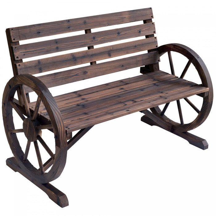 Outsunny 42" Wood Wagon Wheel Bench Garden Loveseat Rustic Seat, Brown