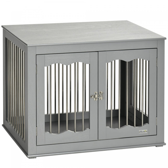 Pawhut Dog Crate Furniture, 32\" Dog Kennel Side End Table With Three Doors, Locks, Dog Cage For Indo