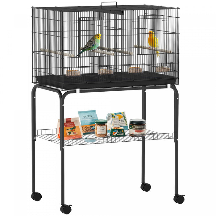 PawHut 46" H Bird Cage, Parakeet Cages for Budgie, Lovebird, Canary, Finches with Divider, Wheeled Stand, Shelf, 4 Wooden Perches, Slide Out Tray, 4 Feeders, Black