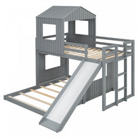 Marico Twin Over Solid Wood Full Bunk Bed With Slide, Playhouse Design - Grey