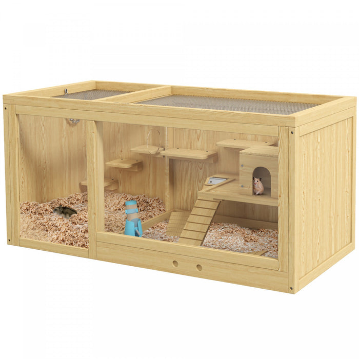 Pawhut Wooden Hamster Cage, Multi-layer Mouse Cage With Pull-out Tray, Seesaws, Water Bottle, Ladder, Small Animal Habitats For Dwarf Hamster, Gerbil