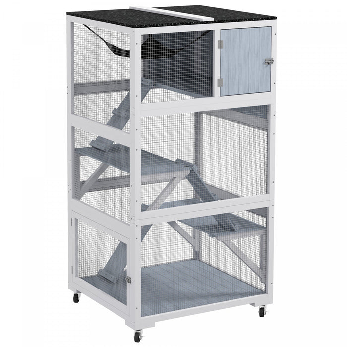 Pawhut Catio 34\" L Outdoor Cat House On Wheels With Weatherproof Roof Hammock Multiple Platforms Res