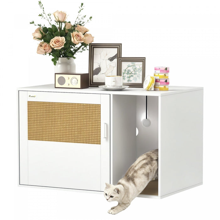 Pawhut Cat Litter Box Enclosure, Hidden Litter Box Furniture With Rattan Door, Scratching Pad, Non-slip Foot Pads, Cat Washroom End Table, 31.5" X 20" X 20", White