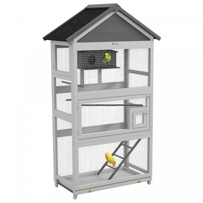 Pawhut Wooden Bird Cage, 67" Parrot Cage With Perches, Bird House, Ladder, Slide-out Tray For Finches, Parakeets, Small Birds, Indoor Outdoor Use, Grey