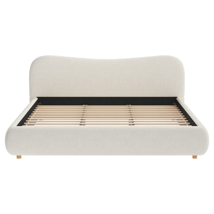 Camille Platform Bed with Curved Headboard and Luxurious Boucle Upholstery,King Size,White King Bed  