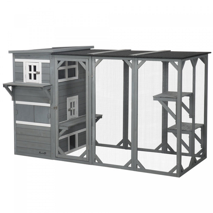Pawhut Wooden Cat Catio, 76\"l Walk In Outdoor Cat House With Asphalt Roof, Platforms, Lockable Doors