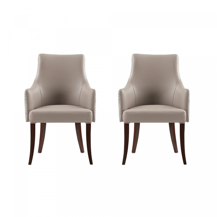 Connie Modern Vegan Leather and Velvet Wood Armchair in Taupe - Set of 2 Dining Chair 