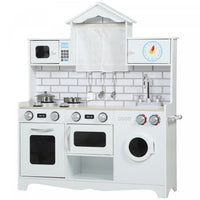 Qaba Play Kitchen for Kids, Pretend Kids Kitchen Playset with Switch Knob Sound, Built-in Clock, Washing Machine, Microwave and Towel Rack, for Toddlers Ages 3-6 Years Old, White