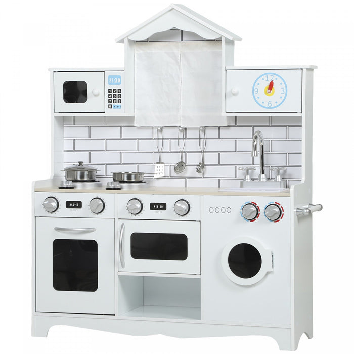 Qaba Play Kitchen for Kids, Pretend Kids Kitchen Playset with Switch Knob Sound, Built-in Clock, Washing Machine, Microwave and Towel Rack, for Toddlers Ages 3-6 Years Old, White