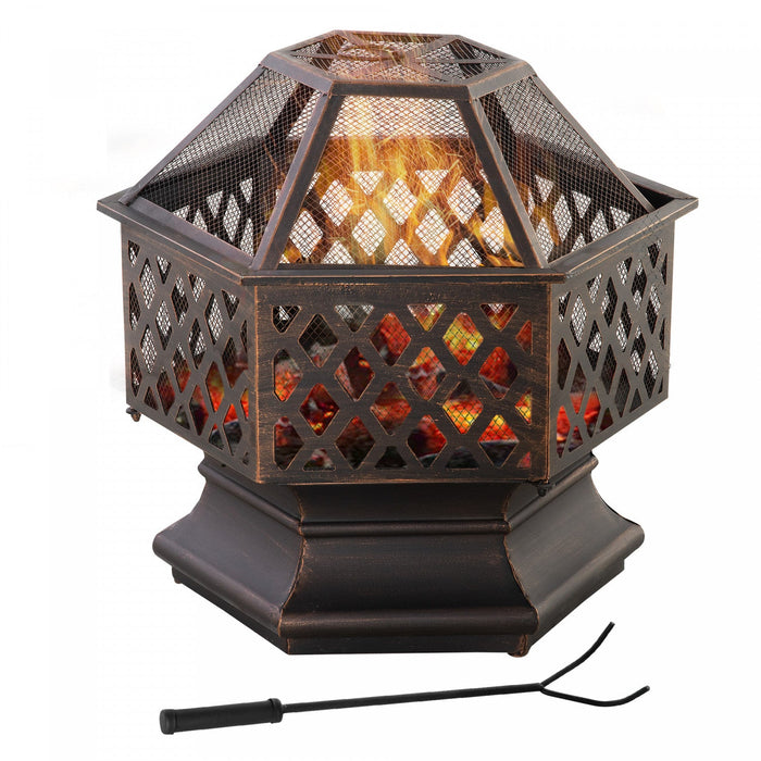 Outsunny Outdoor Fire Pit With Mesh Lid, Portable Wood Burning Firebowl With Poker For Patio, Backya