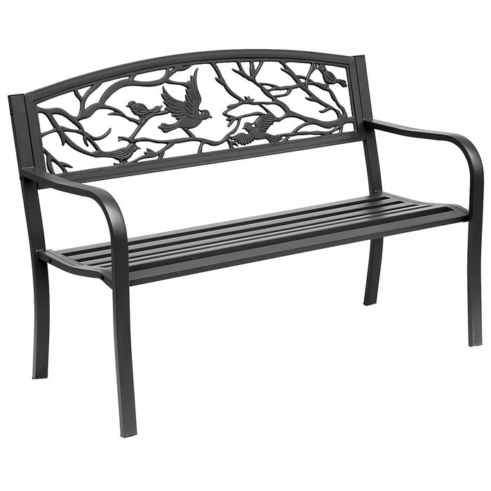 Outsunny 50" Outdoor Metal Garden Bench With Vintage Bird Pattern, Black