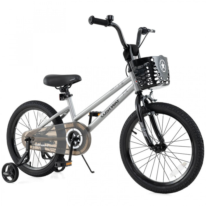 Costway 18" Kid's Bike With Training Wheels Adjustable Handlebar & Seat Handbrake Sliver