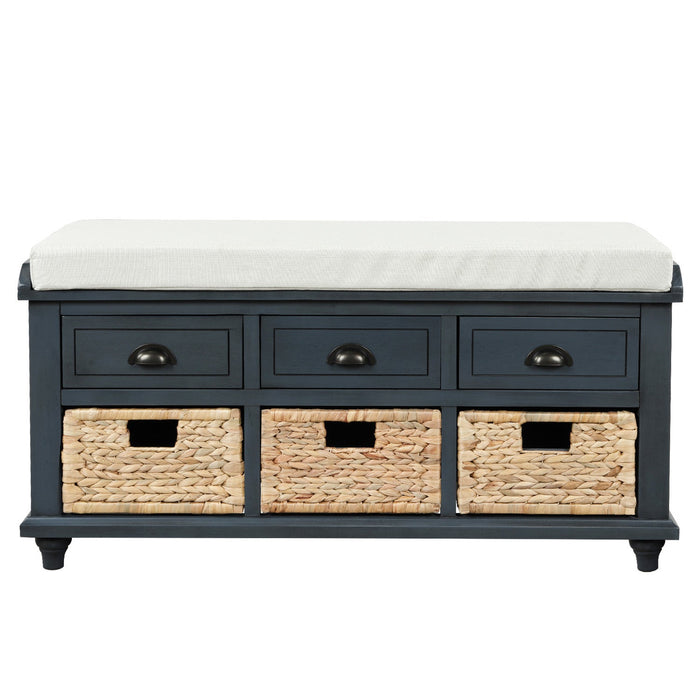 Harvey Solid Wood Storage Bench With Drawers And Rattan Baskets,antique Navy 
