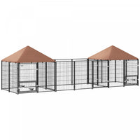 Pawhut Outdoor Dog Kennel With Two Rooms, Dog Run Outdoor With Rotating And Adjustable Height Bowls, Waterproof Uv-resistant Cover, Secure Lock, 16.2' X 4.7' X 5.1'