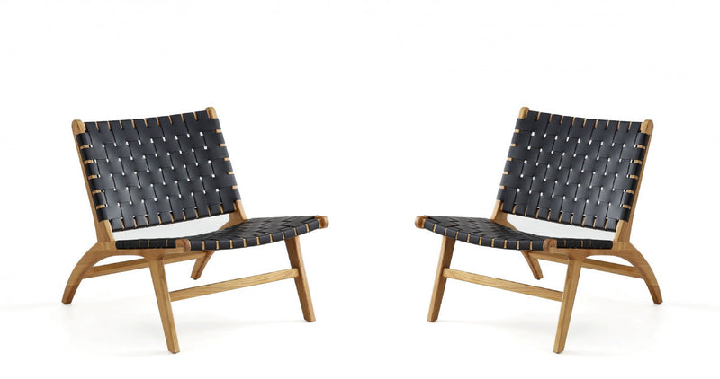 Maintenon Industry Chic Wood Vegan Leather Accent Chair in Black and Natural - Set of 2 