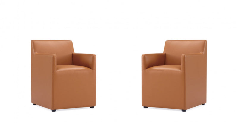 Anna Square Modern Vegan Leather Armchair in Saddle Brown - Set of 2 