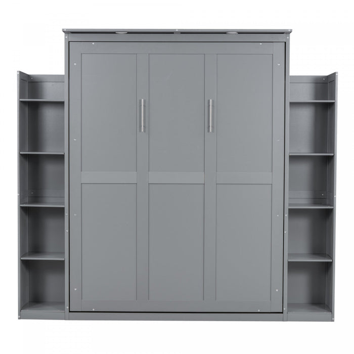Glenn Engineered Wood Murphy Bed With Shelves And Led Lighting, Queen Size - Grey 