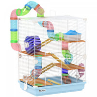 Pawhut 5 Tiers Hamster Cage Portable Animal Travel Carrier Habitat With Exercise Wheels Play Tube Water Bottle Dishes House Ladder For Gerbils, Light Blue