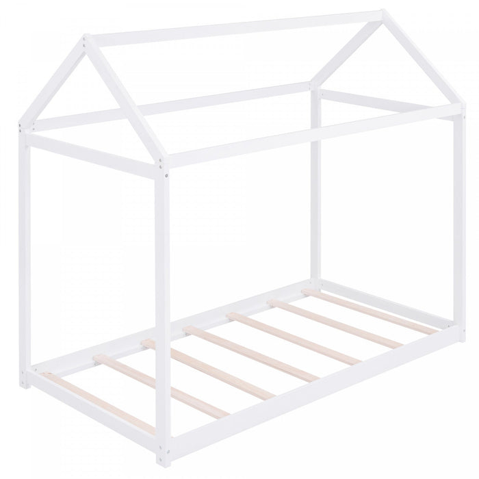 Susan Easy-clean Design Solid Wood House Bed With Roof Frame, Twin Size - White 