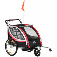 Aosom 2-in-1 Bike Trailer For Kids 2 Seater, Baby Stroller With Brake, Storage Bag, Safety Flag, Ref