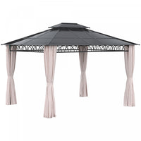 Outsunny 10' X 12' Double roof Hardtop Gazebo With Nettings curtains Khaki