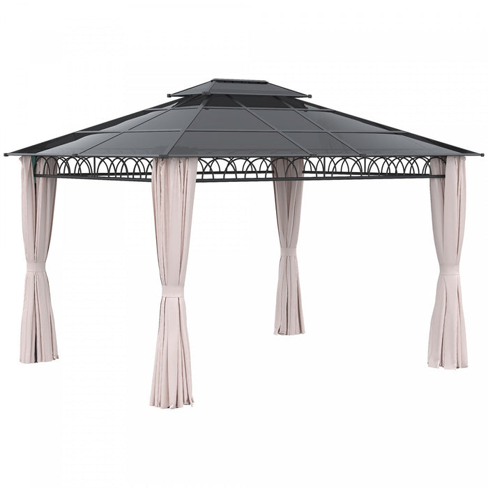Outsunny 10' X 12' Double roof Hardtop Gazebo With Nettings curtains Khaki