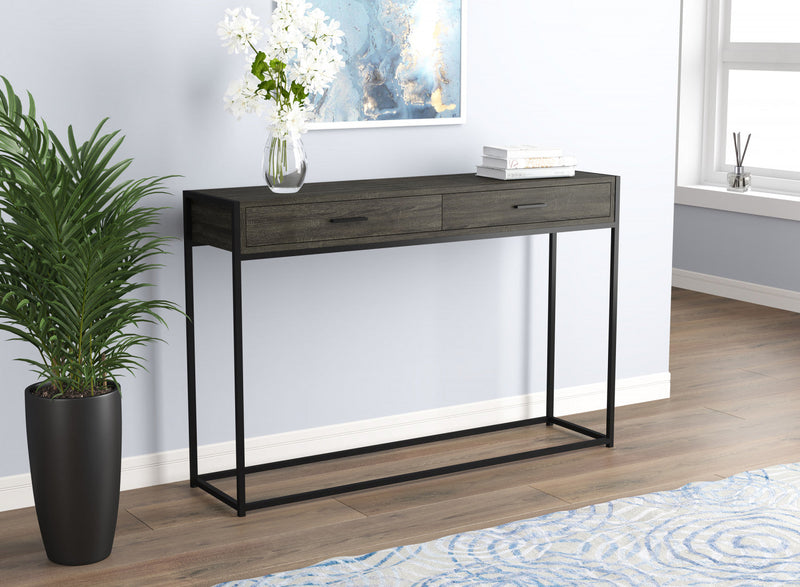 48” Modern Console Table With 2 Drawers - Dark Grey Wood With Black Metal 