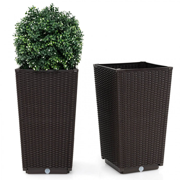 Costway 23" Tall Planters Set Of 2 Rattan Wicker Plant Pot Self-watering Tree Pot Brown