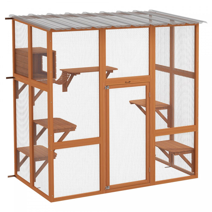 Pawhut Catio Outdoor Cat Enclosure, Wooden Outdoor Cat House Window Box With Weatherproof Roof, Brid