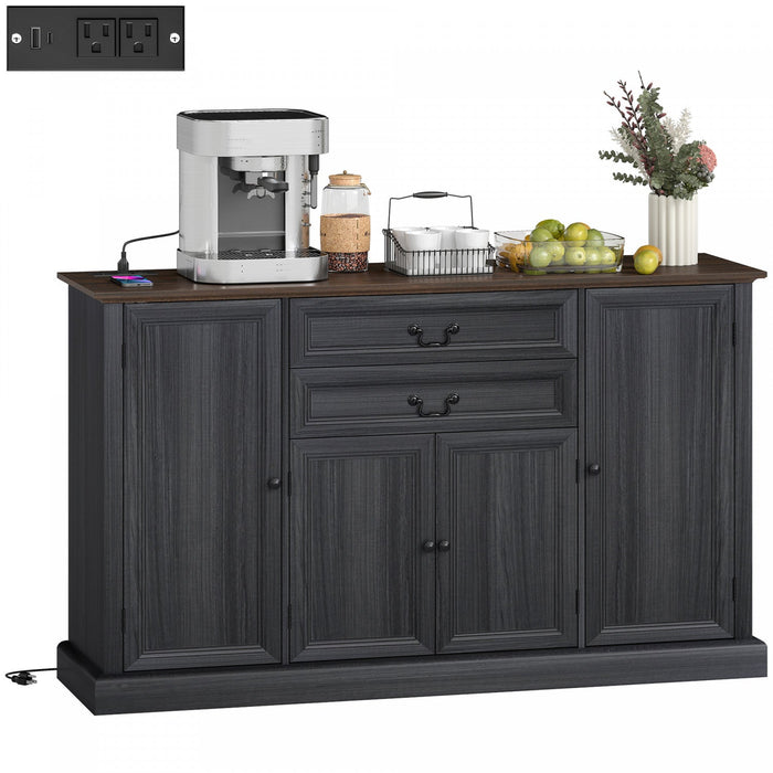 HOMCOM 58" Farmhouse Sideboard Buffet Cabinet with Charging Station Black