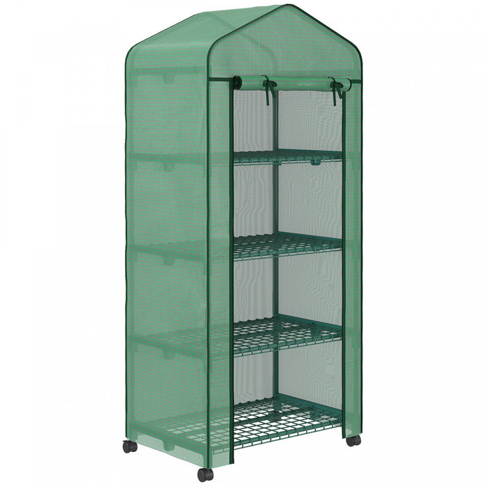 Outsunny 27\" X 20\" X 65\" Portable Greenhouse With 4 Tier Shelves And Wheels, Outdoor Hot House Plant