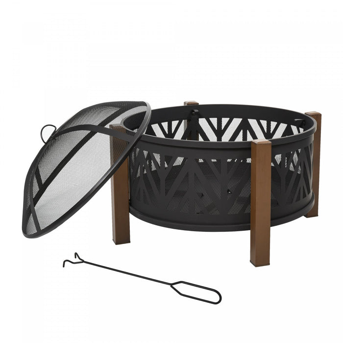 Outsunny 31" Fire Pit, 2-in-1 Wood Fire Pit Brazier With Lid, Grill, Black