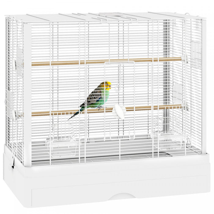 Pawhut 22" Bird Cage For Budgie, Finches, Canaries, Love Birds, Large Parrot Cage With Wooden Stands, Slide-out Tray, Handle, Food Containers, White